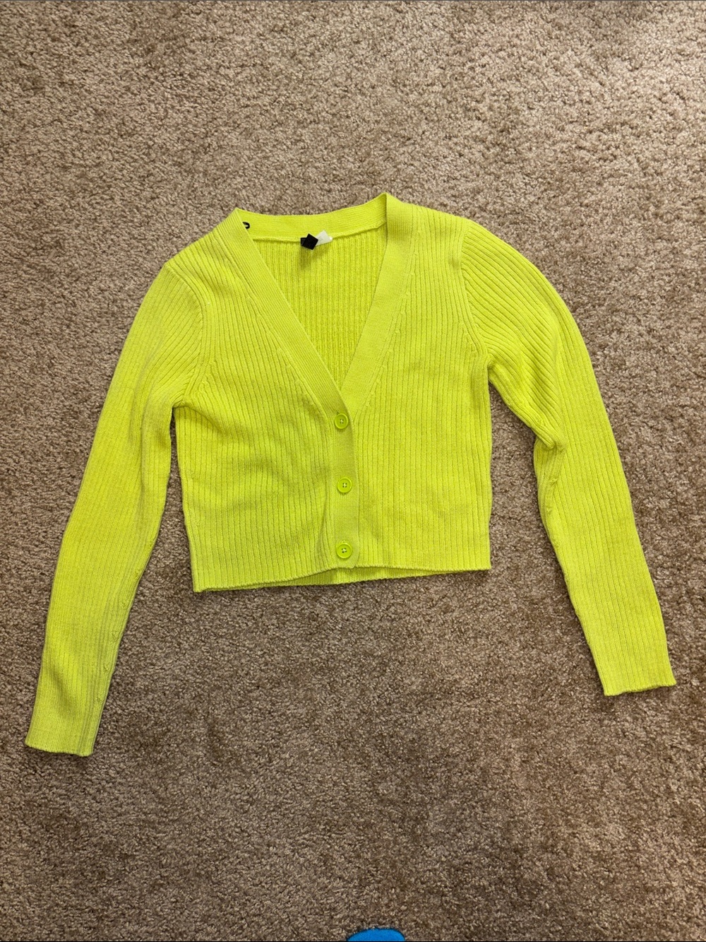 Neon Yellow/Green Ribbed V-Neck Cropped Cardigan Sweater